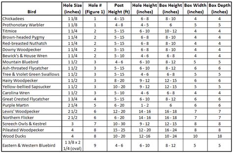 nest box hole size chart